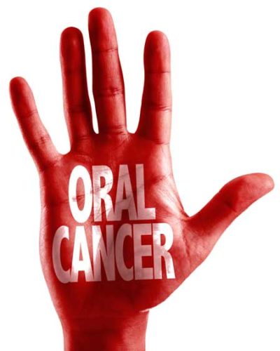 photo of red hand with oral cancer screening on it